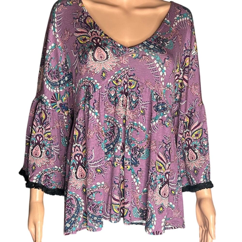 Ivy Jane boho paisley printed blouse purple pink blue bell sleeves size M NWT